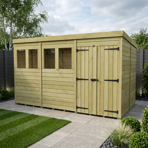16 x 7 Pent Shed Tanalised (Double Door, With Windows)