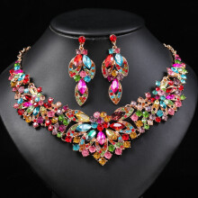 Elegant Crystal Necklace Earrings Set Colorful Design Evening Party Jewelry Fashion Costume Set for Women
