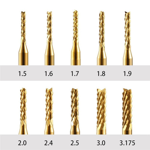 End Mill Sets,10Pcs Titanium Coat End Mill,1/8Inch Shank 0.6-1.5mm Micro-Type End Mill Engraving Bits CNC Router Bits 1