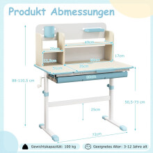 Verstelbaar kinderbureau met kantelbaar blad, planken en lade - blauw