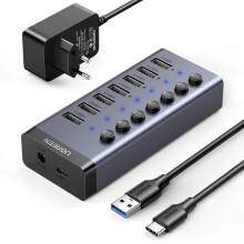 Ugreen Hub USB-C – 7x USB-A 3.0, PD, DC 12V – szürke