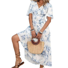 Vestido Informal de Verano para Mujer, de Manga Corta, con Capas, Fluido, Largo Midi, para Playa y Vacaciones. Estampado Azul XXL