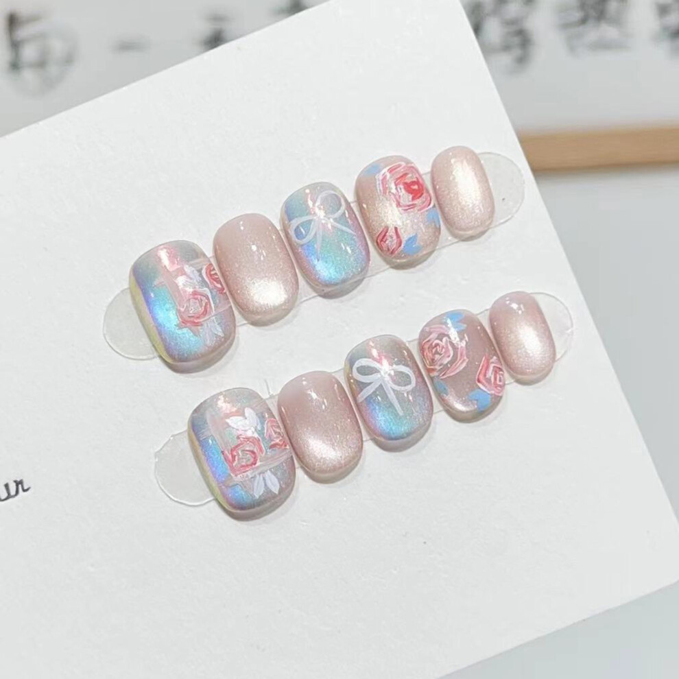 Hue-Grain Short Rose Cat-Eye Press-On Nails For Women