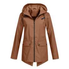 Women Waterproof Long Sleeves Zipper Hooded Long Light Raincoats Travel Hooded Trench Coats Coffee Color XL
