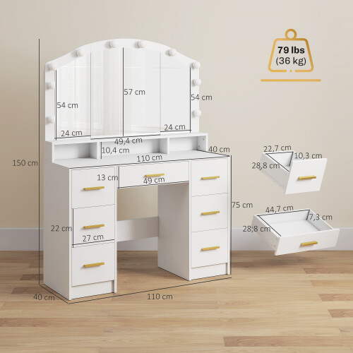 Homcom Tocador de Maquillaje Blanco 110 x 40 x 150 cm 2