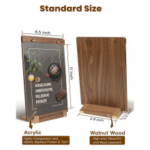 3Pack Acrylic Sign Holders 8.5 X 11inch with Walnut Wood Base, Tabletop Clear Commercial Display Stand for Menu, Poster