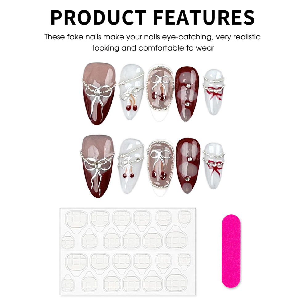 Creation-3C (Xs) French Tip Fake Nails - Wine Red & White, Chip-Proof