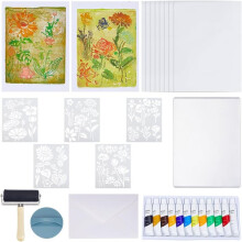 Gel Printing Plate Kit 12.7x17.8 cm/5x7 Inch Reusable Gelatin Plate,Stencils,Acrylic Paint,Essential Tools for Adults