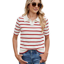 da Donna A Maniche Corte In Maglia A Righe, Top Corto, Colletto Vintage, Scollo A V, Vestibilità Slim, Estetica per Uscire Rosso XL