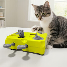 Interactive Cat Puzzle Feeder Toy - Durable Slow Feeder & Foraging Game with Green Base & Gray Levers, Mental Stimulati