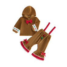 (2-3 Years, Brown) Christmas Kids Girls 2-piece Outfit Gingerbread Man Long Sleeve Hoodie with Suspender Pants