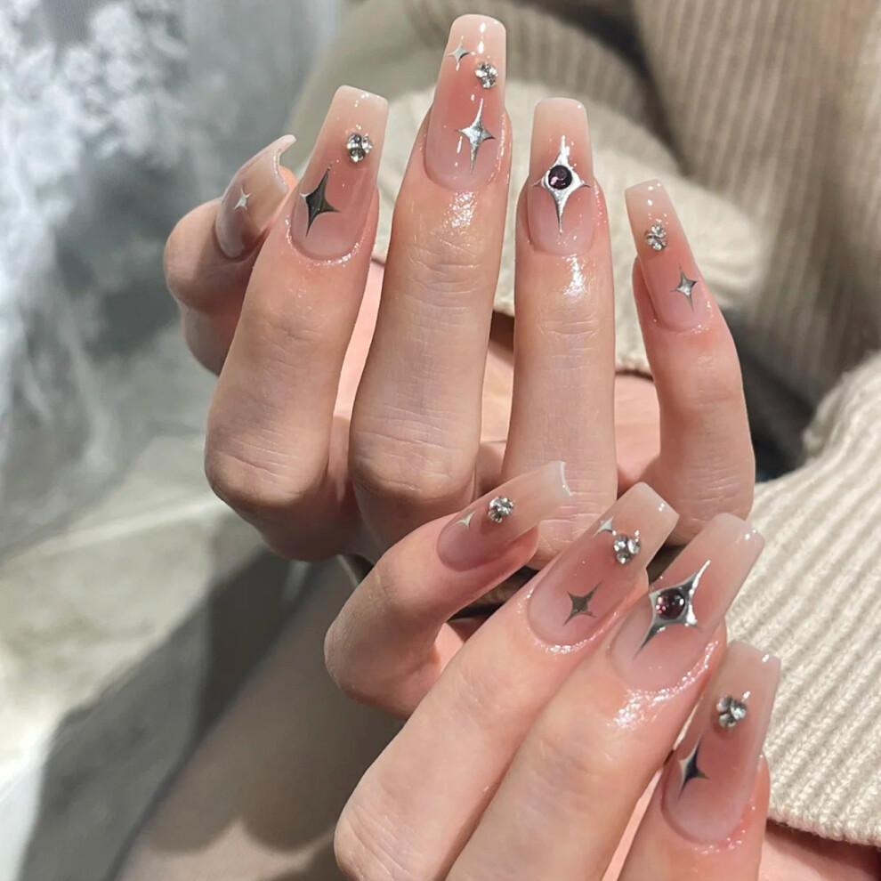Roc-Electron Pink Glossy Press-On Nails With Star Print