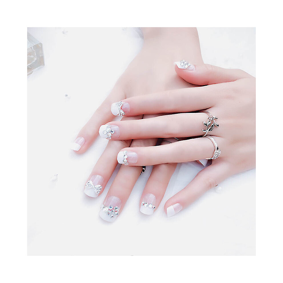 Roc-Electron 24Pcs French Style Rhinestone Fake Nails With Glue