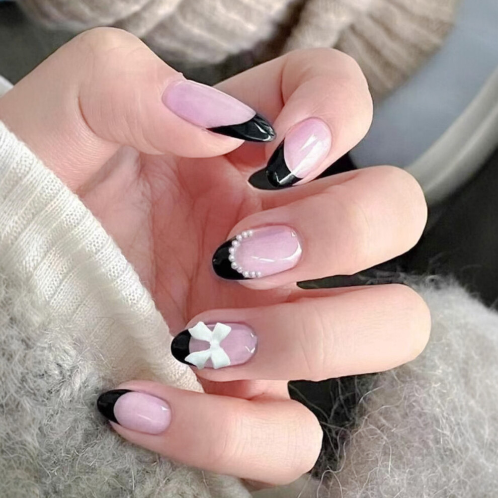 Dcph-Clothing 24Pcs French Press-On Nails With Bow & Pearl