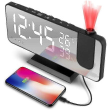 Projektoros ébresztőóra, digitális ébresztőóra projektorral, rádiós ébresztőóra USB-csatlakozóval, nagy LED-kijelző,