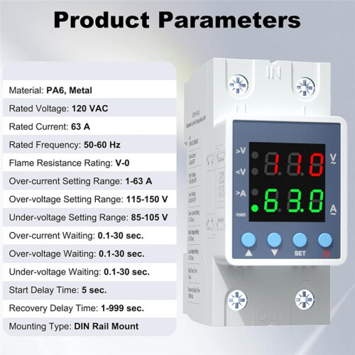 Multifunctional over/Under Voltage Protector 120VAC 63A, Adjustable Current & Voltage Relay with LED Display 1