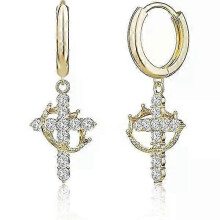 Crown Cross Dangle Earrings, Fashion 14K Gold Plated Silver, Small Hoop Earrings for Women, Delicate Hypoallergenic Lightweight Earring