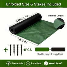 (5M*0.6M 4 nails) 2pc Heavy Duty Green Black Double Layer Courtyard Weed Barrier | Durable Non-Woven Garden Landscape Mat, Breathable,