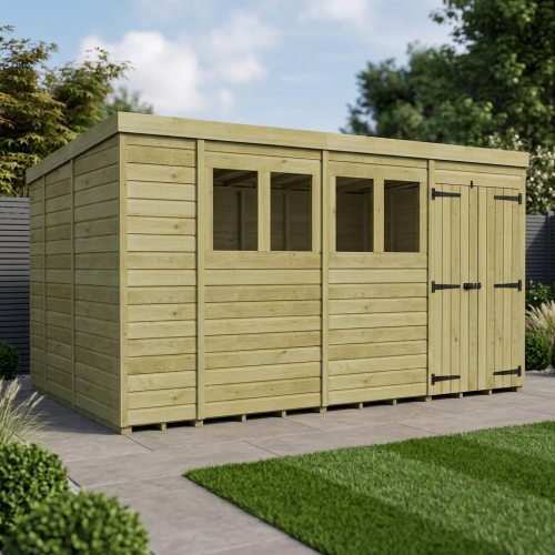 14 x 9 Pent Shed Tanalised (Double Door, With Windows)