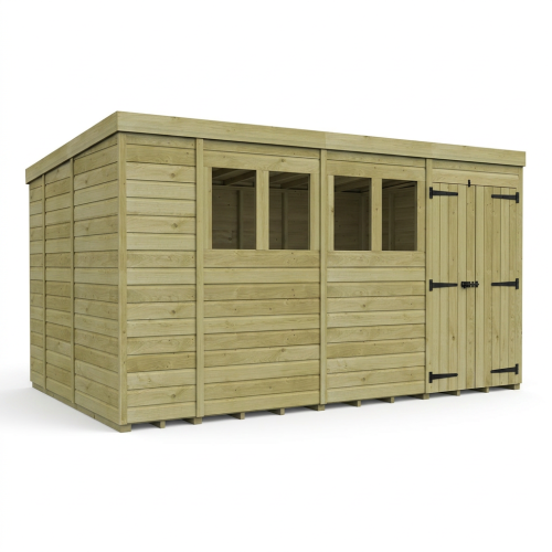 14 x 9 Pent Shed Tanalised (Double Door, With Windows) 1