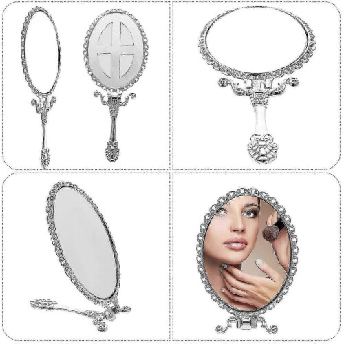 Compact Handheld Mirror Retro Makeup Mirror with Handle for Women 2
