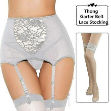 (XL, White With Stockings) Women Lace Sexy Lingerie High Waist Suspender Belt Garter Stocking Set Plus Size