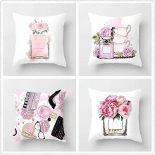 Pack of 4 Girl Throw Pillow Cover Pink Perfume Flower Lipstick Pillow Case High-Heeled Shoes Sunglasses and Beauty Lady Accessories Pattern on Cushion