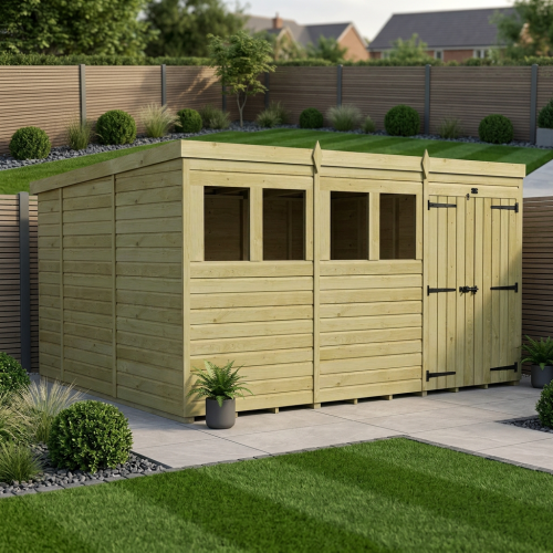 12 x 10 Pent Shed Tanalised (Double Door, With Windows)