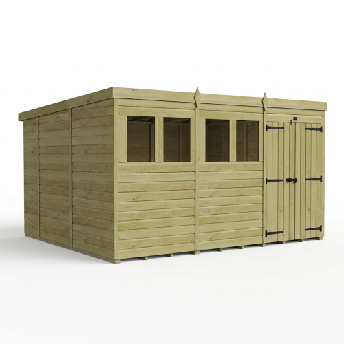 12 x 10 Pent Shed Tanalised (Double Door, With Windows) 1