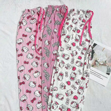 (S, white) Kitty Cat Pink Sleepy Pants Summer Thin Cute Casual Loose Home Pants Walking Pants
