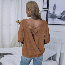 (M) Spring And Summer Women's Clothing Loose Casual Backless Pullover Long Sleeve Waffle Women's T-shirt