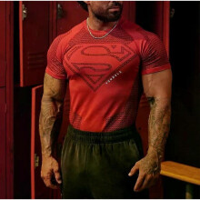 (XXL, RED) Men T-Shirt Breathable and Tight-Fitting Top Muscle Sports Fitness Top