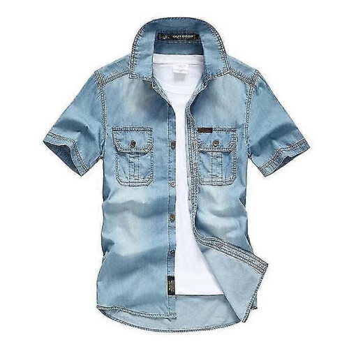 (XL, light blue) Men's Short Sleeve Denim Work Shirt