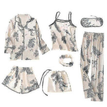 (XXL) Summer Fashion 7 Piece Women's Pajama Set Faux Cool Soft Comfortable Pajamas (plant)