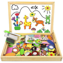 Wooden Magnetic Puzzle Games, 100+ Pcs Double Sided Jigsaw Animal Pattern Drawing Easel Blackboard