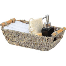 Small Wicker Basket for Bathroom - Woven Seagrass Basket with Wooden Handles for Towels, Wash Cloth,toilet Paper, Toiletries And Miscellaneous Items