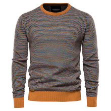 (L, Khaki) Men's Sweater Men Round Neck Color Blocking Cotton Knitwear Fashion Ca