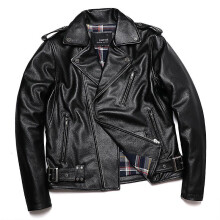 (S, Black) New Motorcycle 100% Genuine Leather Jacket Men Natural Cowhide Obliqu