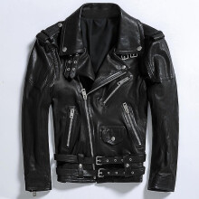 (L, Black) Spring New  Oblique Zipper Leather Jacket Men's Slim Genuine Sheepskin
