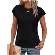 Blusas Femininas de Verão, Modernas, com Franzido, Manga Curta e Gola Redonda. Preto M