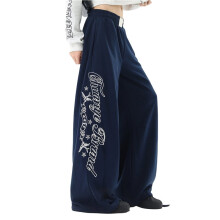 Calça Feminina de Moletom Estilo Grunge, com Pernas Largas, Cintura Dupla e Cordão Ajustável, Ideal para Streetwear. Azul Marinho L