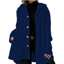 Jaqueta Feminina de Outono com Capuz, Casual, com Botões, Mangas Compridas, Jaqueta Solta de Veludo Cotelê com Bolsos Azul Marinho XL