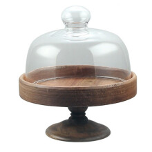 Elegant High Foot Cake Stand with Glass Cover - Wood and Glass Dessert Plate, Dim Sum Dish, Bread Plate L