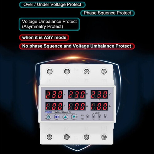 TOMZN Din Rail 3P+N over Under Voltage Current Limit Protection Relay Protector SYN ASYNC Synchronous Asynchronous 1