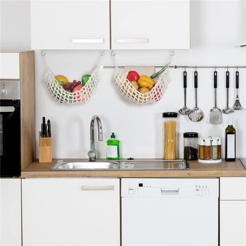 2 Pcs Macrame Fruit Hammock for Kitchen Under Cabinet Hanging Fruit Baskets Handwoven Decorative Fruit Net Bag 2