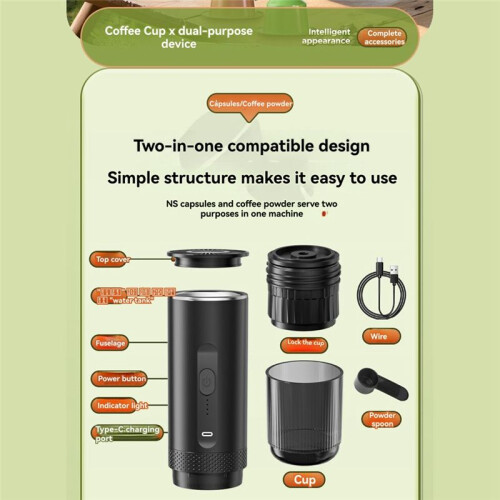 Portable Electric Espresso Coffee Machine with Heating Function Cordless Rechargeable Handheld Coffee Maker for Home Car