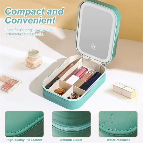 Small Travel LED Makeup Mirror Case with 3 Adjustable Color Light Settings,  Cosmetic Train Case Green 2