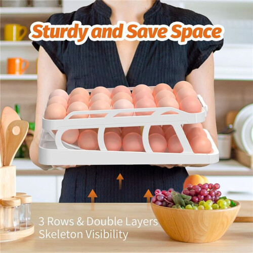 45 Eggs Holder for Fridge, 3 Rows Egg Dispenser,Freshness Ensured with  Recorder,Space-Saving Rolling Eggs Organizer 2
