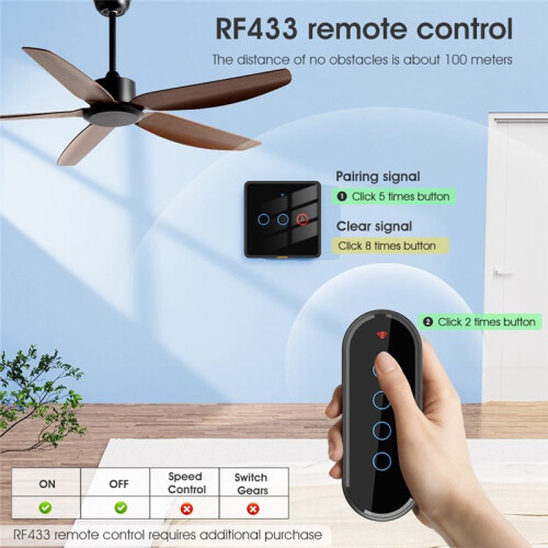 Fan Light 2-Way RF433 Remote Control Wall Touch  Tuya  APP Voice Timing Black 2