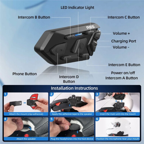 Motorcycle Helmet Headset R6S  Intercom 1200M 6 Rider Intercom WaterProof Earphone 1